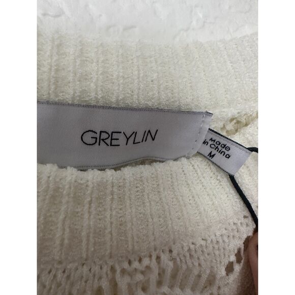 NWT Greylin White Ruffle Sleeve Crochet Knit Sweater Top Size Medium - Picture 5 of 8